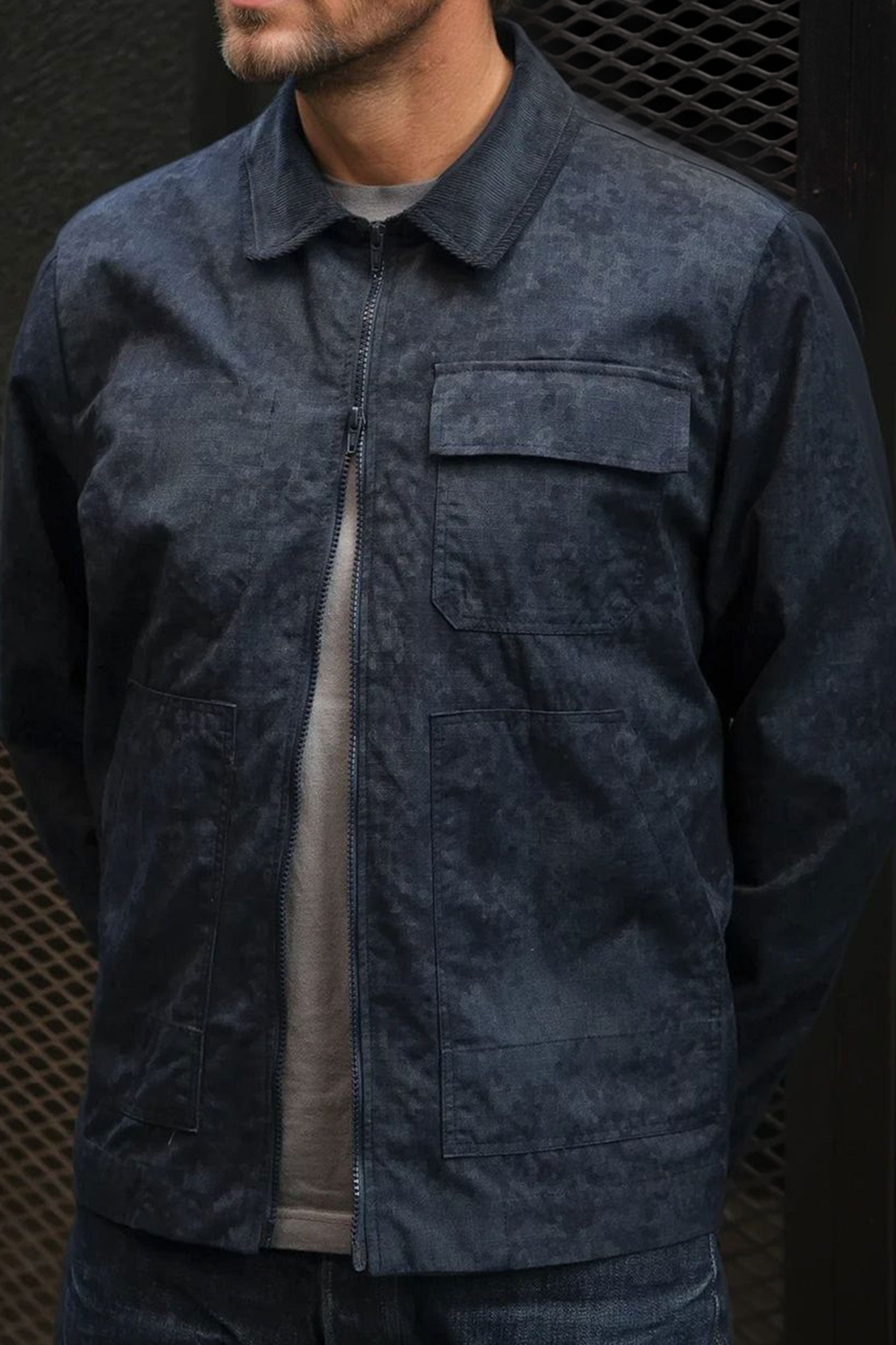 Rip-Stop Digital Camo Cord Collar Jacket Dark Blue