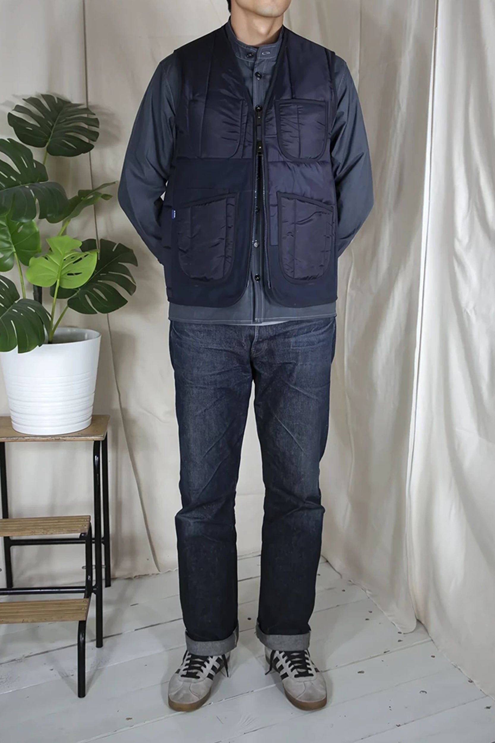Aviator Cotton Canvas Panel V Vest Blue