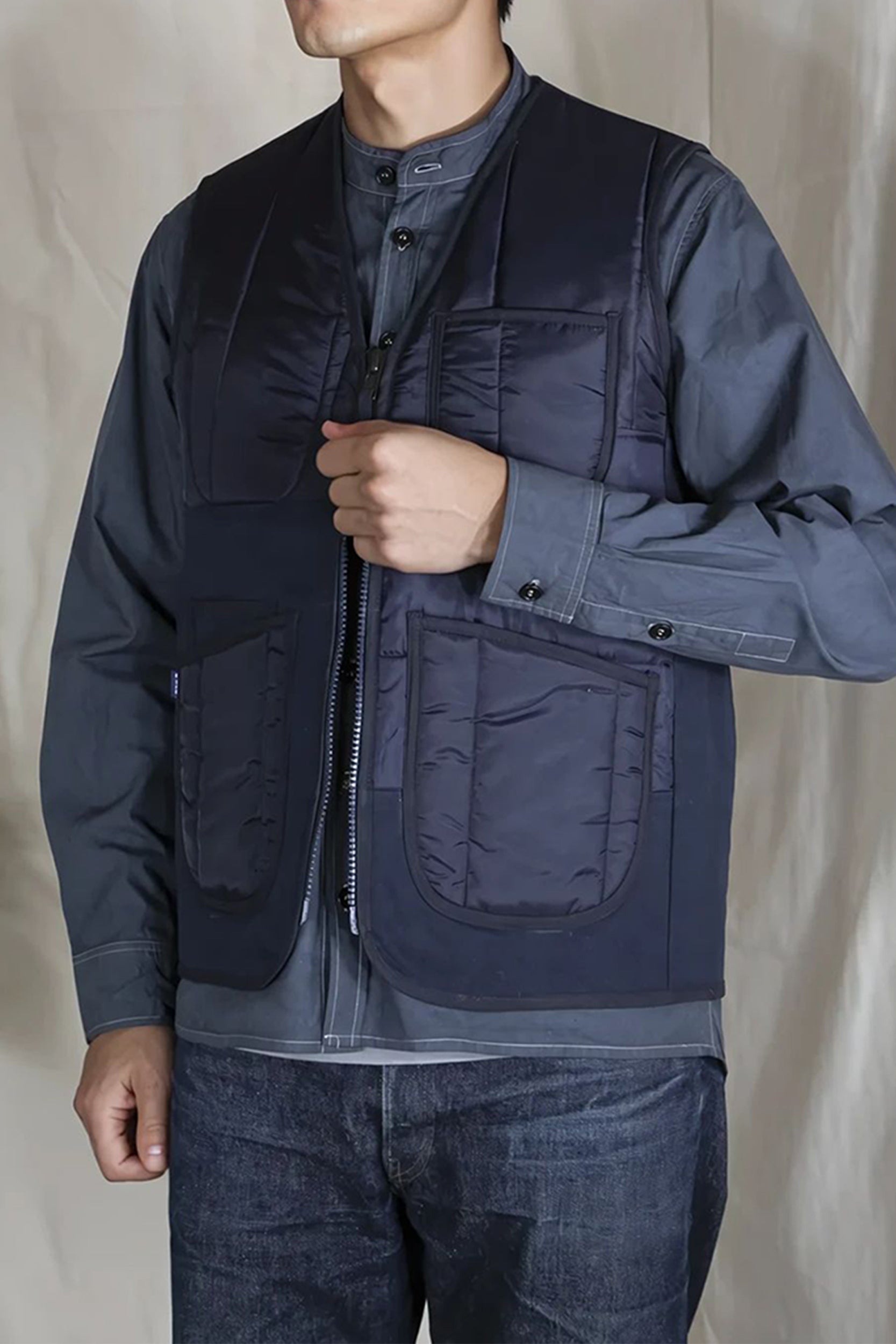 Aviator Cotton Canvas Panel V Vest Blue