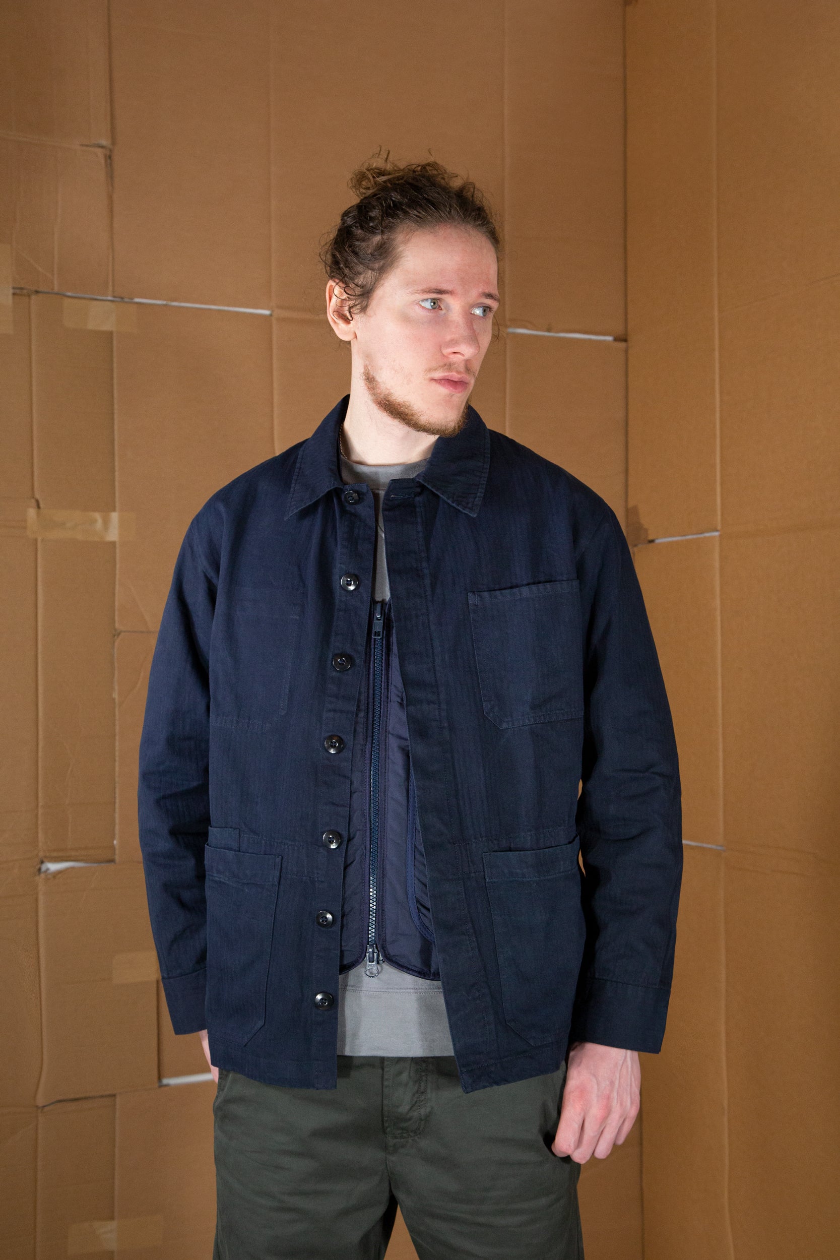 Herringbone Coverall Jacket Blue Black